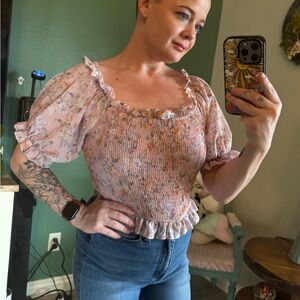 SHEIN Floral Puff Sleeve Blouse - Light Pink